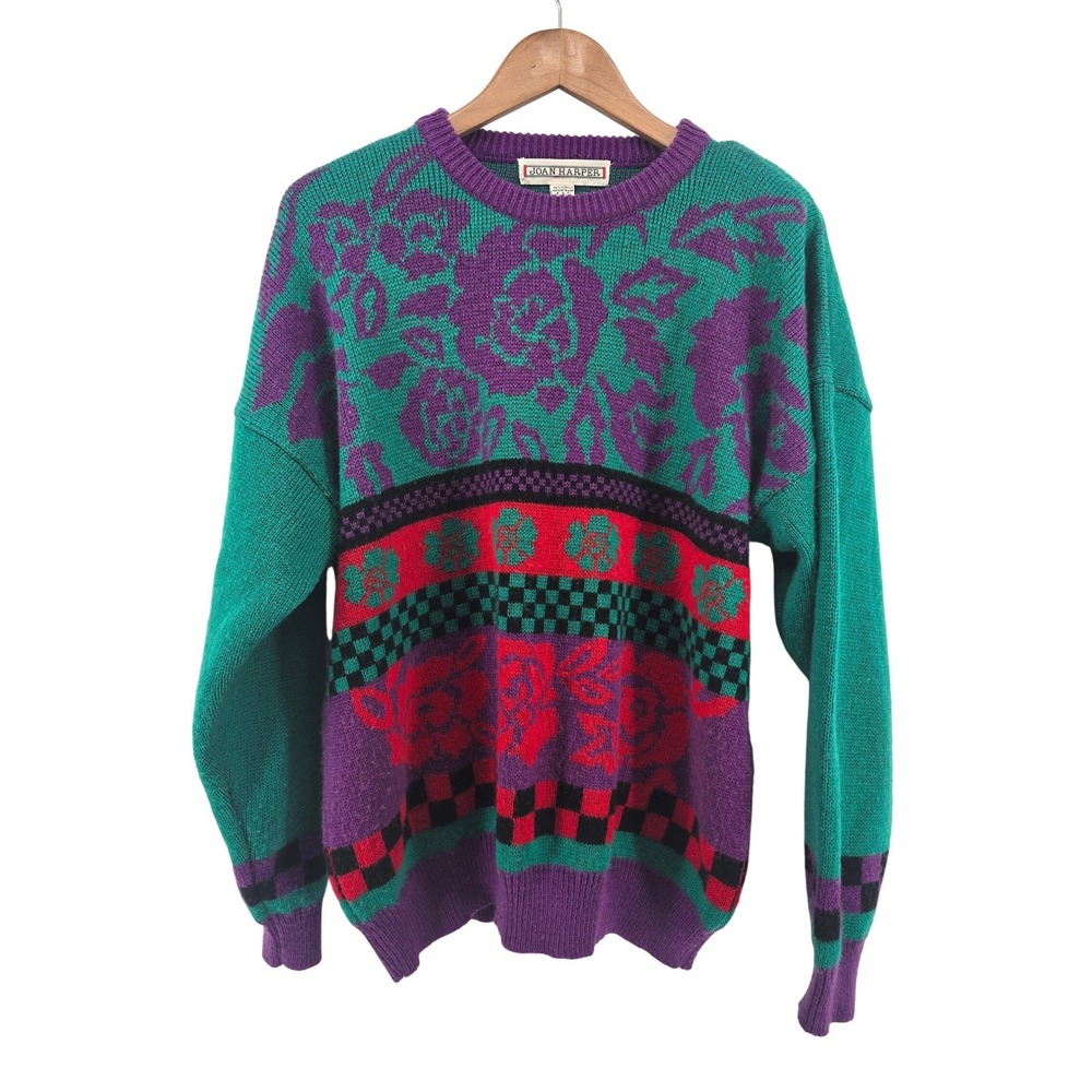 Joan Harper Sweater Women Large Purple Teal Vintage 80s Floral Checkerboard Knit